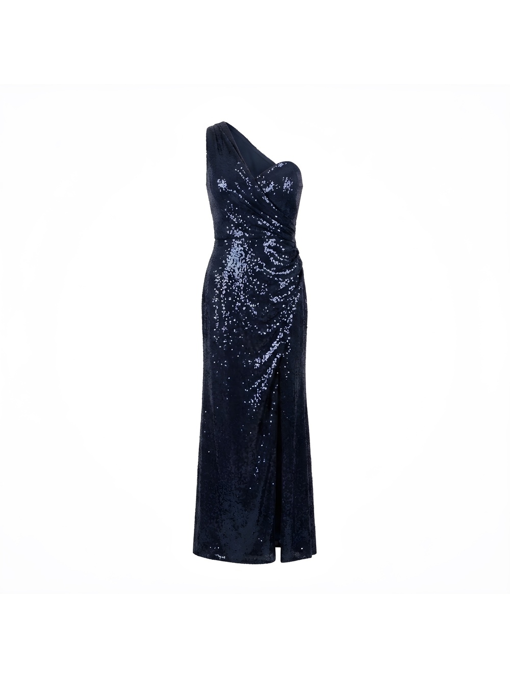 Navy Blue One-Shoulder Sequined Evening Gown